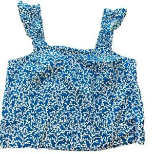 J. Crew Womens XL Tank Top Smocked Ruffle Shoulder Shirt Blue White Print Blouse